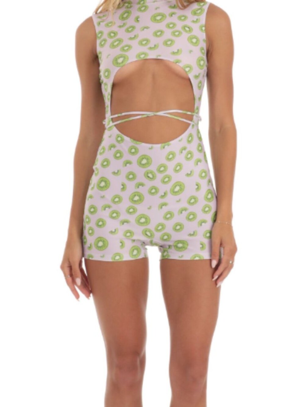 Lucy in the Sky Purple & Green Kiwi Print Cutesy Cutout Playful Romper Medium